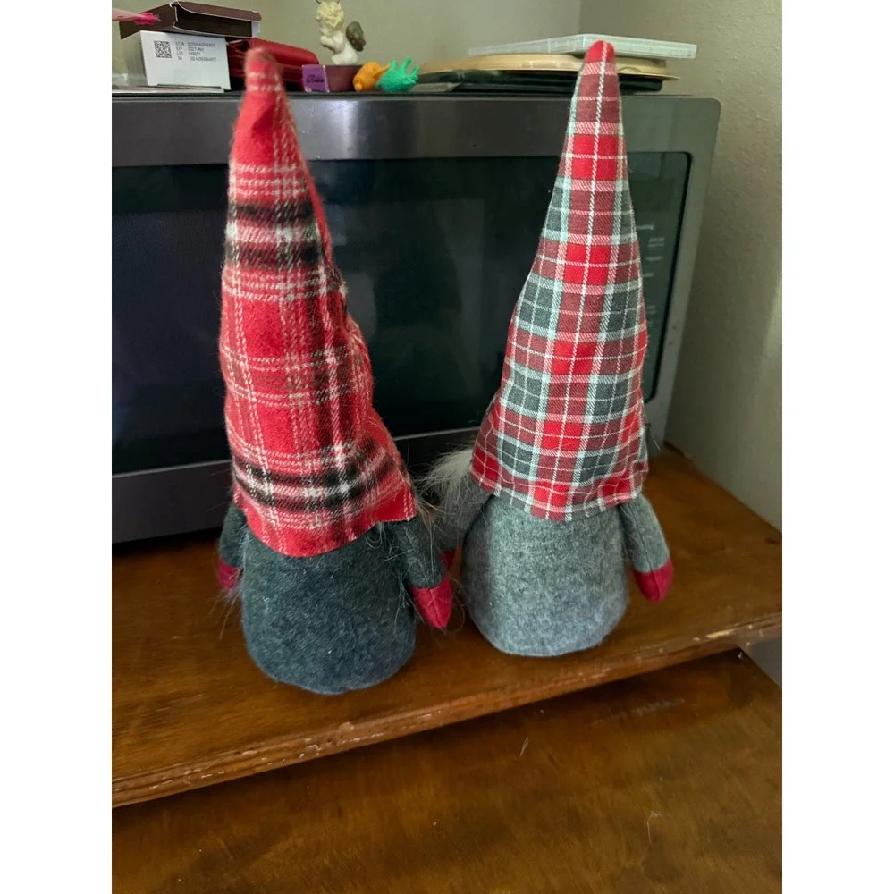 Christmas Gnomes Set of 2 Red Grey Plaid Holiday Decor Plush Figurines Nordic